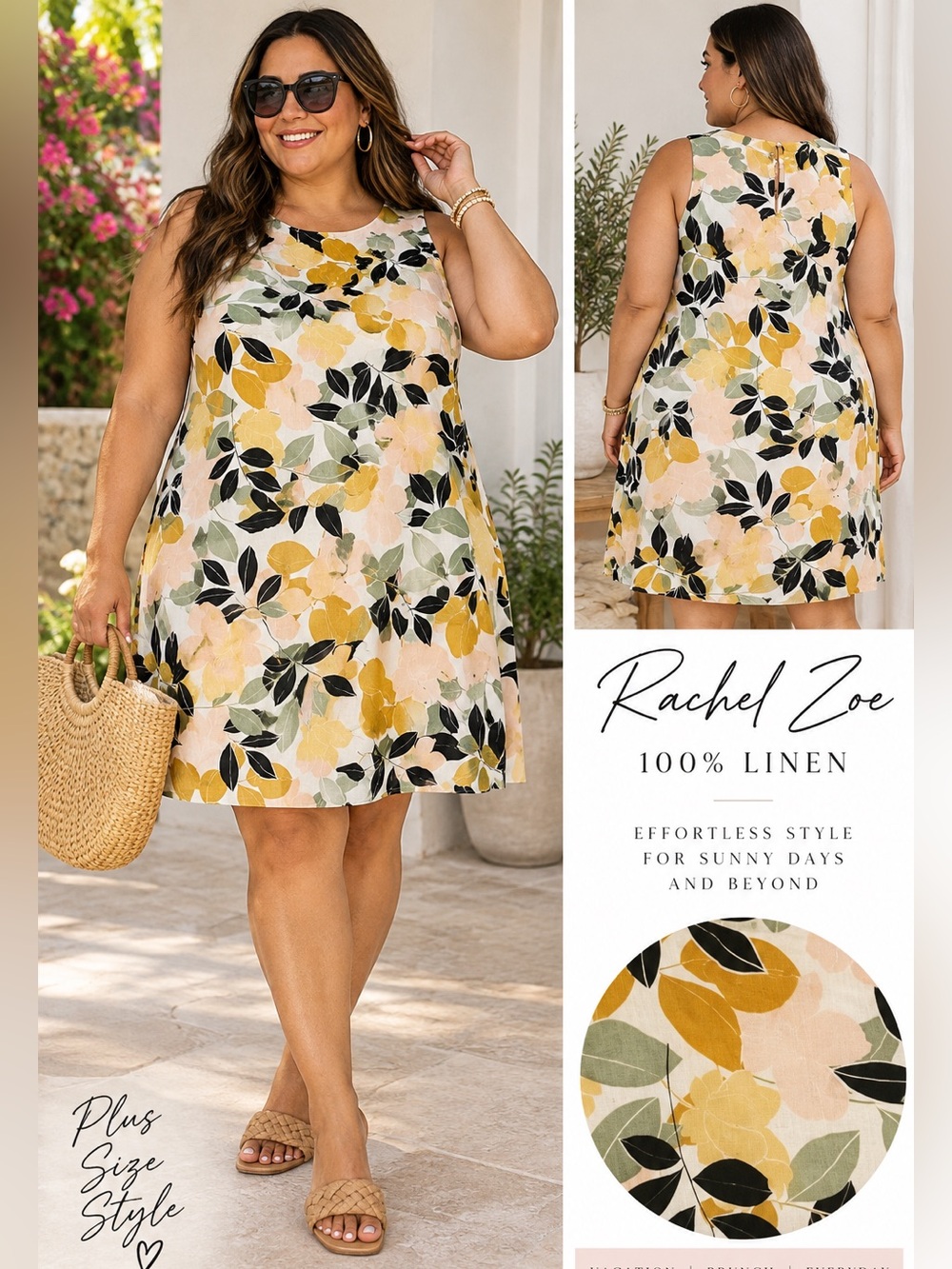 Rachel Zoe Linen Floral A-Line Dress — Yellow, Black, Green, Cream